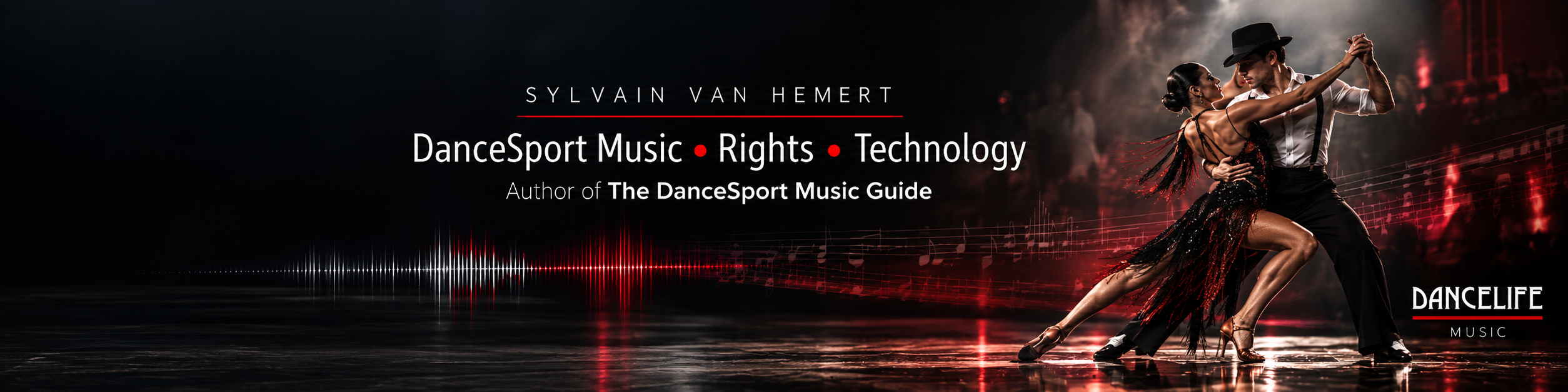Dancing couple in cinematic lighting with Dancelife, Sylvain van Hemert and The DanceSport Music Guide artwork